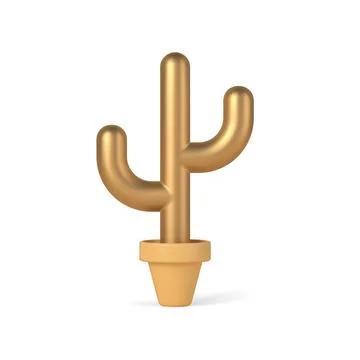Gold 3d cactus in pot vector template. Decorative metal decoration succulen.. Illustrazione stock