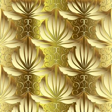 Gold 3d Damask Baroque vector seamless pattern. Stock Illustration