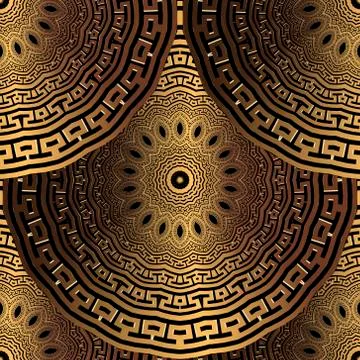 Gold 3d Deco seamless pattern. Greek ornamental tiled mandalas background Illustrazione stock