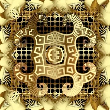Gold 3d floral seamless pattern. Ornamental textured grid background. Surface Stock Illustration