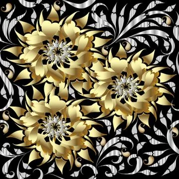 Gold 3d flowers seamless pattern. Vector floral background. 3d wallpaper. Vin Illustrazione stock