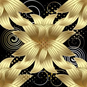 Gold 3d flowers vector seamless pattern. Modern abstract geometric background Stock Illustration