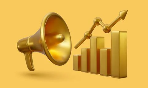Gold 3d growing bars graphic with rising arrow and megaphone. Vector illustra Stock-Illustration
