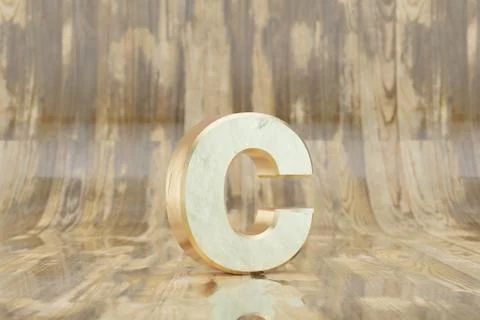 Gold 3d letter C lowercase. Golden letter on glossy wet wooden background. 3d Stockillustratie