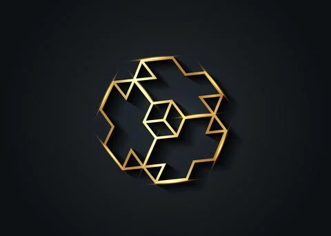 Gold 3D Necker cube cross icon. Golden luxury Isometric cube logo design Stock Illustration