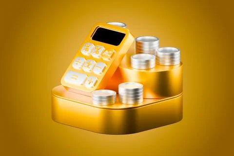 Gold 3D payment terminal with stacks of coins. Stock Illustration