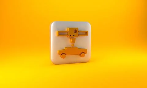 Gold 3D printer car icon isolated on yellow background. 3d printing. Silver s 스톡 일러스트