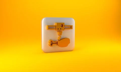 Gold 3D printer chicken leg icon isolated on yellow background. 3d printing.  库存插图