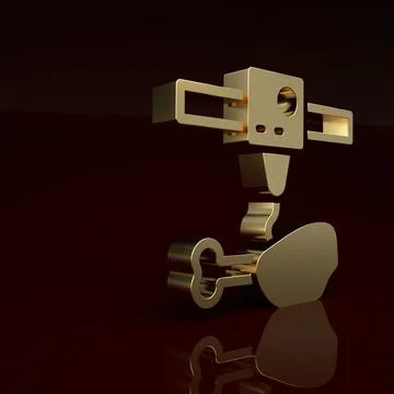 Gold 3D printer chicken leg icon isolated on brown background. 3d printing 스톡 일러스트