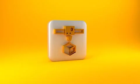 Gold 3D printer cube icon isolated on yellow background. 3d printing. Silver  스톡 일러스트