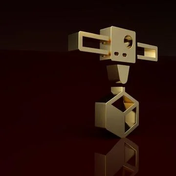Gold 3D printer cube icon isolated on brown background. 3d printing. Minimalism 库存插图