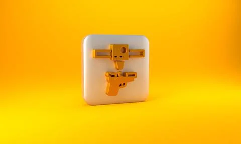 Gold 3D printer gun icon isolated on yellow background. 3d printing. Silver s 库存插图