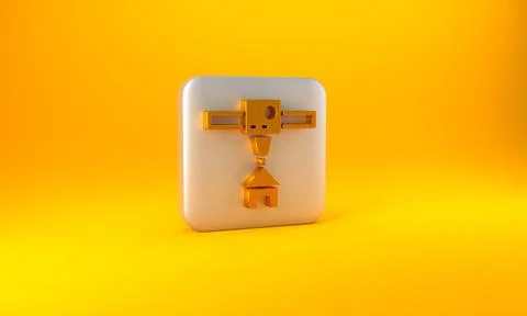 Gold 3D printer house icon isolated on yellow background. 3d printing. Silver 库存插图