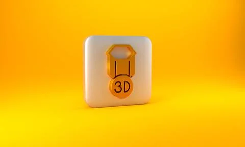 Gold 3D printer icon isolated on yellow background. 3d printing. Silver squar Stock Illustration