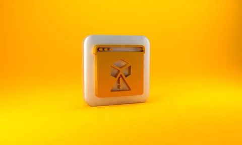 Gold 3D printer icon isolated on yellow background. 3d printing. Silver squar Illustrazione stock