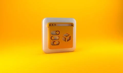 Gold 3D printer icon isolated on yellow background. 3d printing. Silver squar Stock Illustration