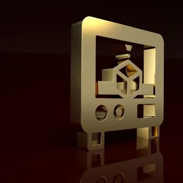 Gold 3D printer icon isolated on brown background. 3d printing. Minimalism Stock Illustration