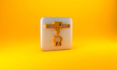 Gold 3D printer tooth icon isolated on yellow background. 3d printing. Silver Stock Illustration