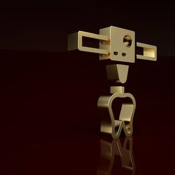 Gold 3D printer tooth icon isolated on brown background. 3d printing. Minimalism 库存插图