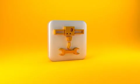 Gold 3D printer wrench spanner icon isolated on yellow background. 3d printin Stock Illustration