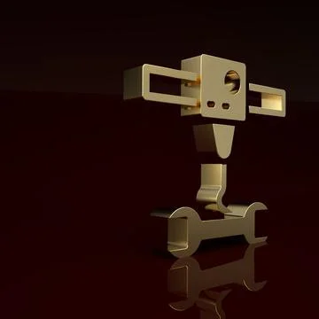 Gold 3D printer wrench spanner icon isolated on brown background. 3d printing 库存插图