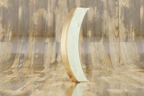 Gold 3d round bracket symbol. Golden sign on glossy wet wooden background. 3d Illustration