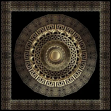Gold 3d round mandala pattern and square frame. Abstract vector background. M Illustrazione stock