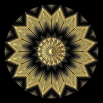 Gold 3d round mandala. Vector textured zigzag pattern. Ornamental background. Stock Illustration