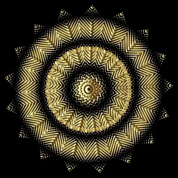 Gold 3d round mandala. Vector textured zigzag pattern. Ornamental background. Stock Illustration