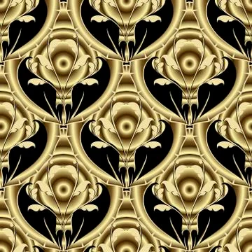 Gold 3d vintage seamless pattern. Deco ornamental luxury vector background. R 스톡 일러스트