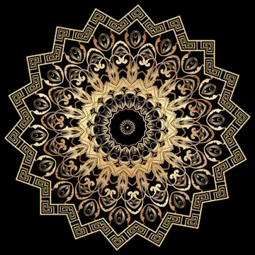 Gold 3d zig zag vector mandala pattern. Vintage ornamental background. Greek  Stock Illustration