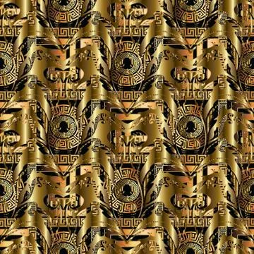 Gold abstract 3d vector seamless pattern. Floral baroque background with  geo 스톡 일러스트