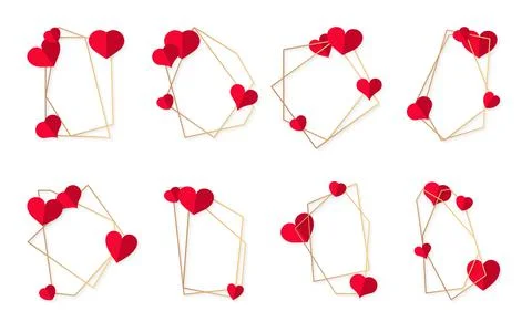 Gold abstract polygonal frame red heart vector set Stock Illustration