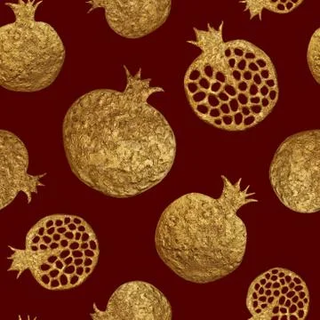 Gold abstract pomegranate pattern. Hand paintied seamless background. Summe.. Stock Illustration