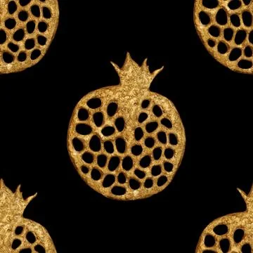 Gold abstract pomegranate pattern. Hand paintied seamless background. Summer Stock Illustration