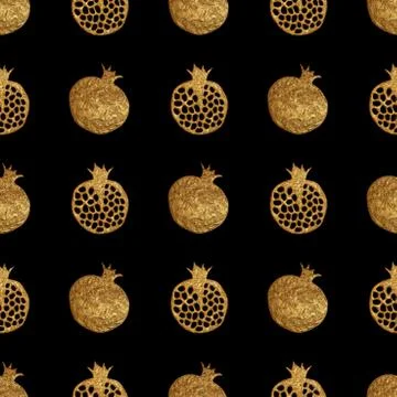 Gold abstract pomegranate pattern. Hand paintied seamless background. Summer Stock Illustration