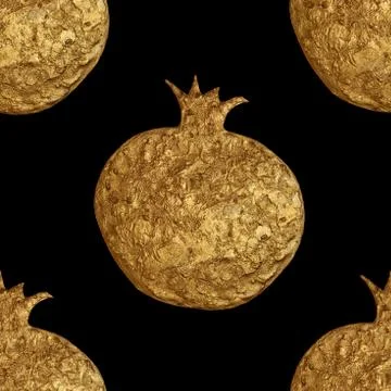 Gold abstract pomegranate pattern. Hand paintied seamless background. Summer Stock Illustration