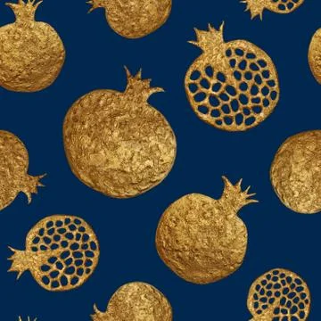 Gold abstract pomegranate pattern. Hand paintied seamless background. Summer Stock Illustration