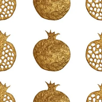 Gold abstract pomegranate pattern. Hand paintied seamless background. Summer Stock Illustration