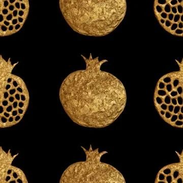 Gold abstract pomegranate pattern. Hand paintied seamless background. Summer Stock Illustration