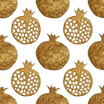 Gold abstract pomegranate pattern. Hand paintied seamless background. Summer Stock Illustration