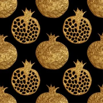 Gold abstract pomegranate pattern. Hand paintied seamless background. Summer Stock Illustration