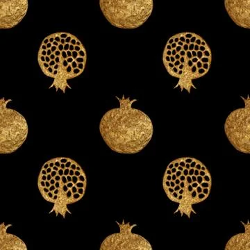 Gold abstract pomegranate pattern. Hand paintied seamless background. Summer Stock Illustration