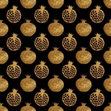Gold abstract pomegranate pattern. Hand paintied seamless background. Summer Stock Illustration