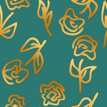Gold Abstract Roses on green. Vector Seamless Pattern. Artistic background fo 스톡 일러스트