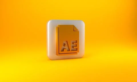 Gold AE file document icon isolated on yellow background. Silver square button Stock Illustration