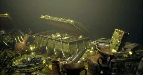 Gold and artifacts found in underwater treasure chests at a historic site Stock Illustration