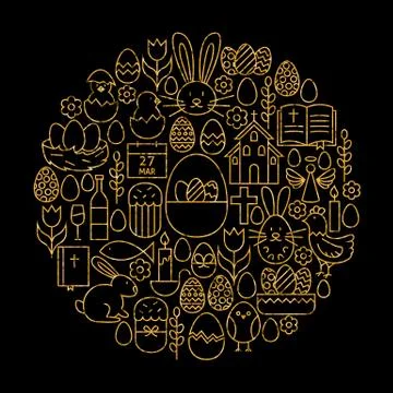 Gold and Black Happy Easter Line Icons Set Circle Shape Illustrazione stock