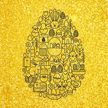Gold and Black Happy Easter Line Icons Set Egg Shape Stock Illustration