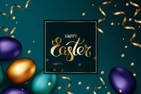 Gold and color easter eggs on dark background. Easter eggs with golden confetti Stock Illustration